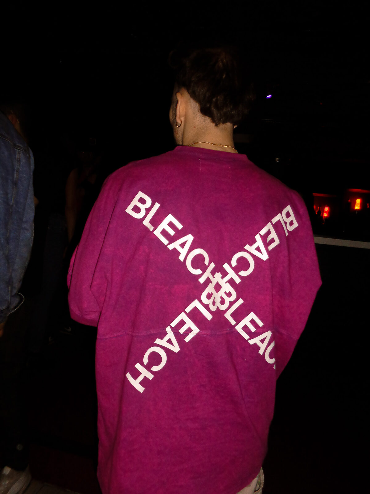 BLEACH Capsule 002 trouser detail at night, white print on purple